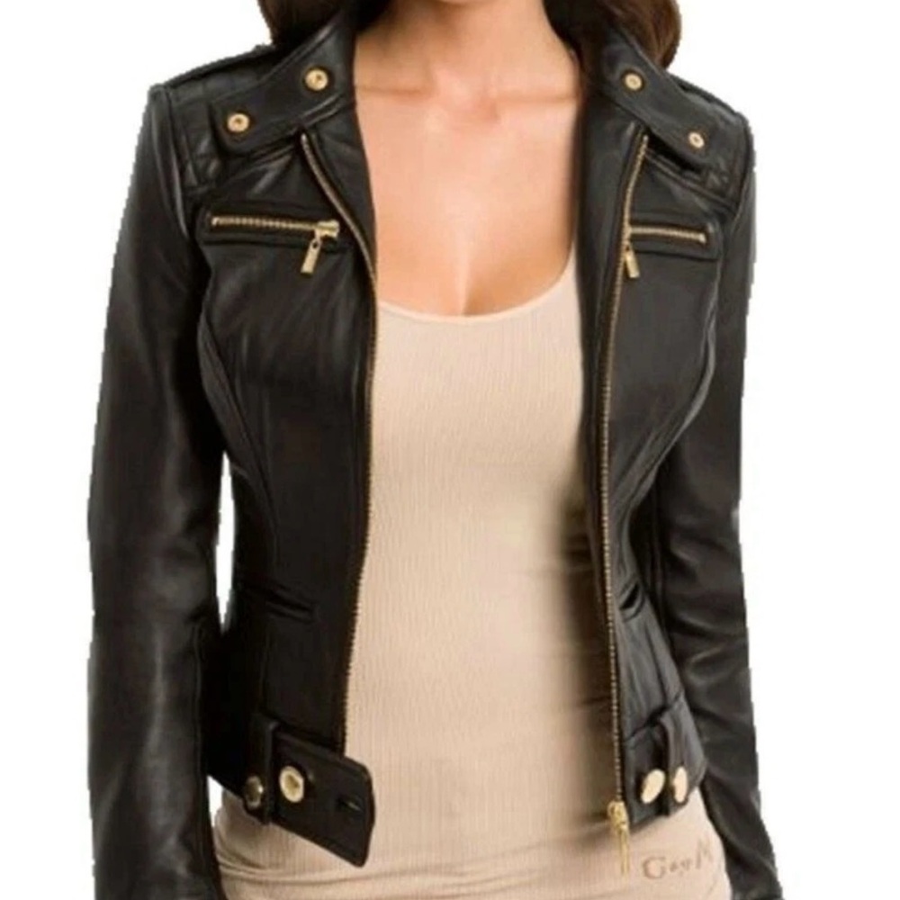 Women's Leather Moto Jacket with Gold Hardware - Picture 2 of 10